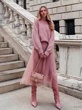 Women's Tulle Midi/Maxi Skirt in Ballet Pink with Gold Stripe Stretch Waistband